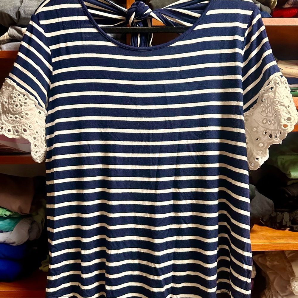 Maurices Navy and White Striped Blouse with Lace Sleeves
